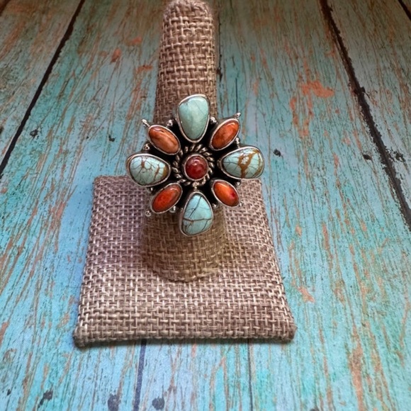 Nizhoni Traders Turquoise, Coral, Orange Mojave, Sterling Silver Adjustable Ring - Picture 1 of 16